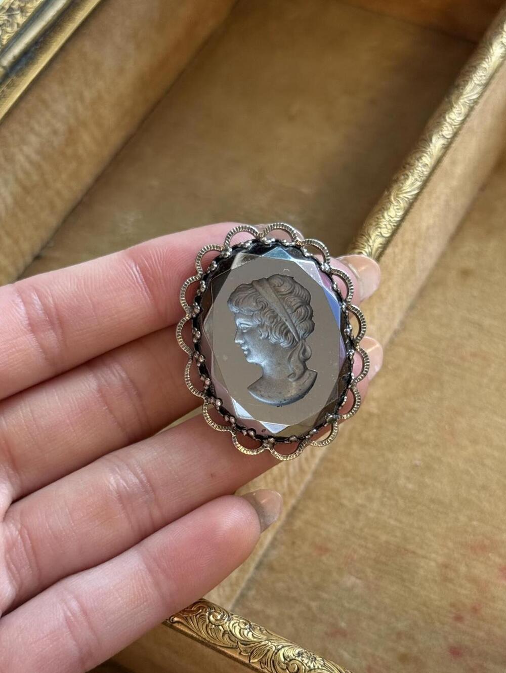 Vintage Hematite Cameo  Brooch Victorian Style